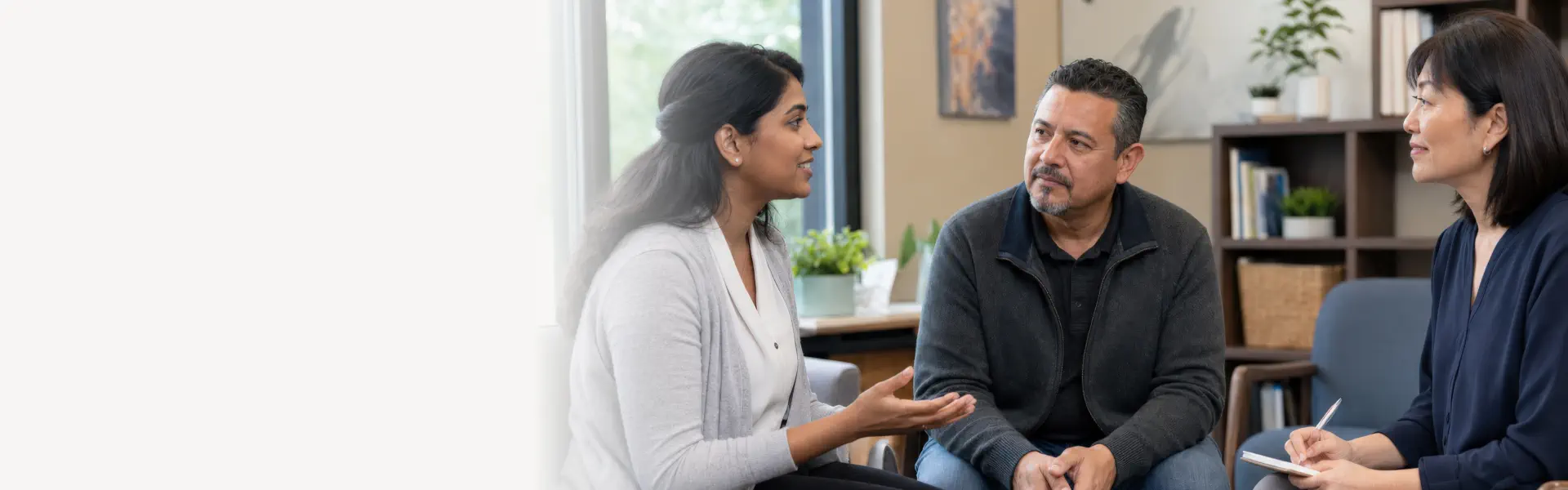 woman talking and two person listening